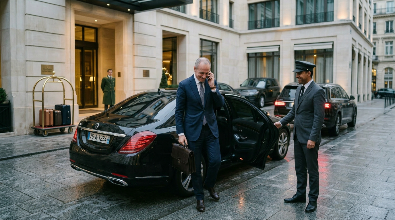 Businessman in suit with briefcase exiting black luxury car, talking on phone, chauffeur holding car door open